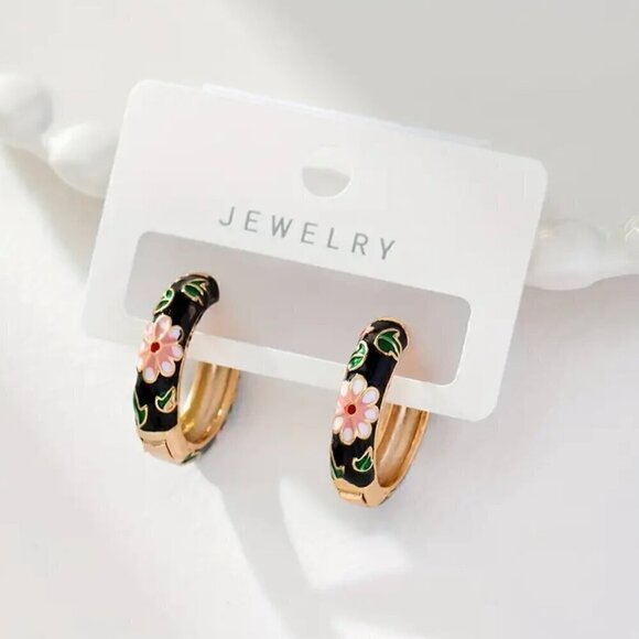 Black Floral Enamel Huggie Earrings #1352-BLACK - Picture 4 of 5